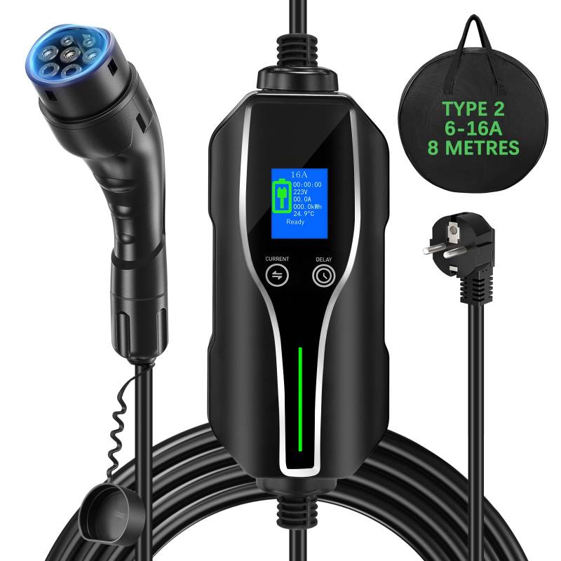 FNRIDS Ladekabel Elektroauto Typ 2 Schuko 8M,3,68KW EV Ladekabel Typ 2 Ladekabel Schuko,6/8/10/13/16A Einstellbare elektrischer Strom,Zeitgesteuertes Laden,IP67 wasserdicht,mit Tragetasche von FNRIDS