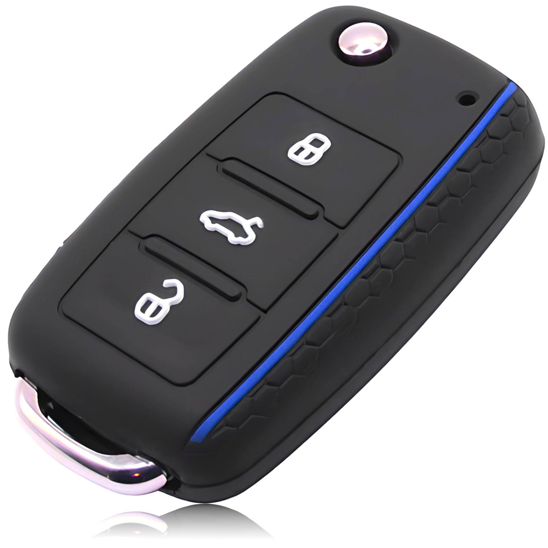 FOAMO Autoschlüssel Hülle Kompatibel mit VW Golf 6, SEAT, SKODA Autoschlüssel Silikon-Hülle Schlüssel-Hülle Schutz-Hülle für Autoschlüssel Schwarz Blau von FOAMO