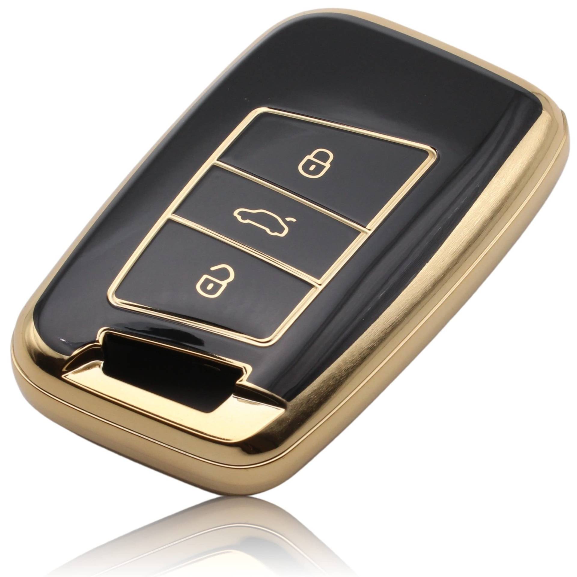 FOAMO Autoschlüssel Hülle Kompatibel mit VW Passat B8, SEAT, Skoda Keyless Autoschlüssel - TPU Schlüsselhülle - Schutz-Hülle für Autoschlüssel Schwarz-Gold von FOAMO