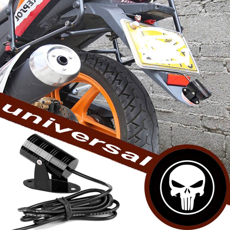 FOLGEMIR Motorrad Logo Projektor, DC 12V LED Licht, 3D Ghost Shadow Willkommen Lampe, mehr als 200 Embleme verfügbar! (Nr.072 - Punisher) von FOLGEMIR