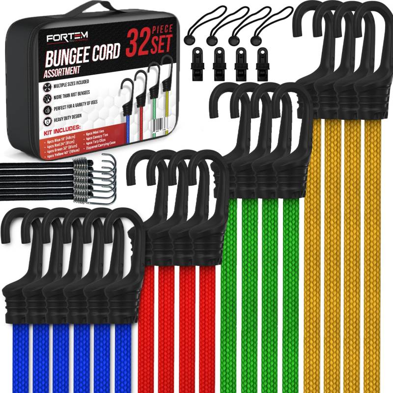 FORTEM Spanngummis mit Haken, 32 Spanngummis im Multipack - Sonnensegel Befestigung - Planenspanner - Spanngummis mit Kugel - Kunststoffbeschichtete Metallhaken, Hohe Belastbarkeit von FORTEM