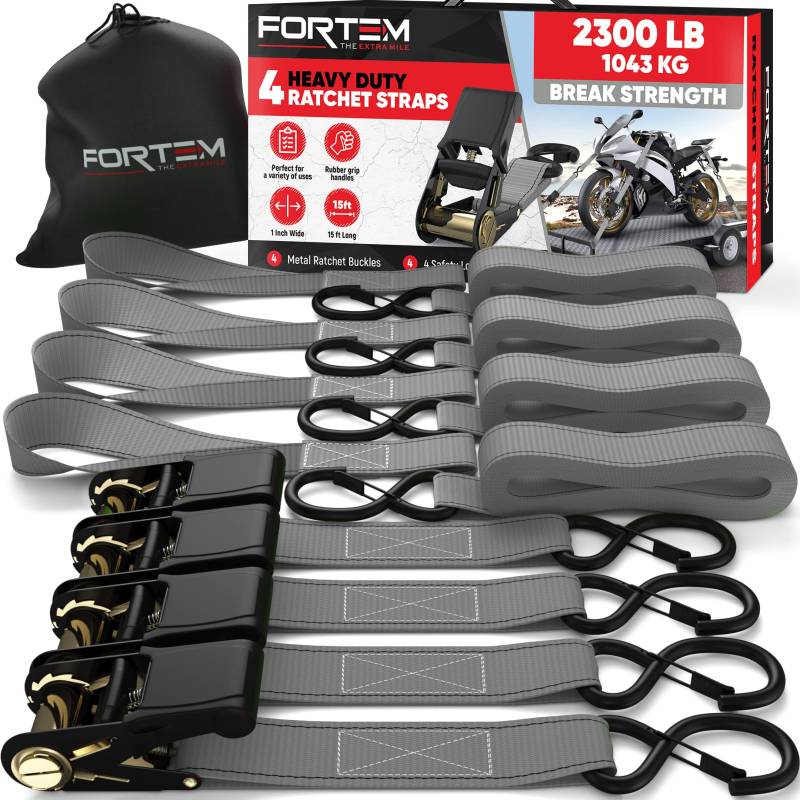 FORTEM Spanngurte, 1043 kg Bruchfestigkeit, 4 x, 57 m mit Ratsche - Weiche Zurrschlaufen, Zurrgurte Haken aus Beschichtetem Metall - Gummigriffe - Tasche (Grau), (FRTM-RTDS-2300) von FORTEM
