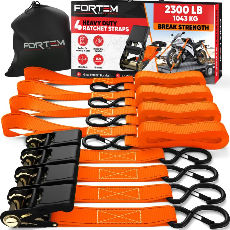 FORTEM Spanngurte - 1043 kg Bruchfestigkeit, 4 x 4,57 m Mit Ratsche - 4 Weiche Zurrschlaufen, Zurrgurte Mit Haken Aus Beschichtetem Metall - Gummigriffe - Tasche (Orange) von FORTEM