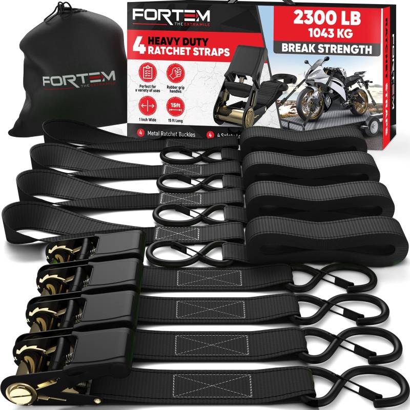 FORTEM Spanngurte - 1043 kg Bruchfestigkeit, 4 x 4,57 m Mit Ratsche - 4 Weiche Zurrschlaufen, Zurrgurte Mit Haken Aus Beschichtetem Metall - Gummigriffe - Tasche (Schwarz) von FORTEM