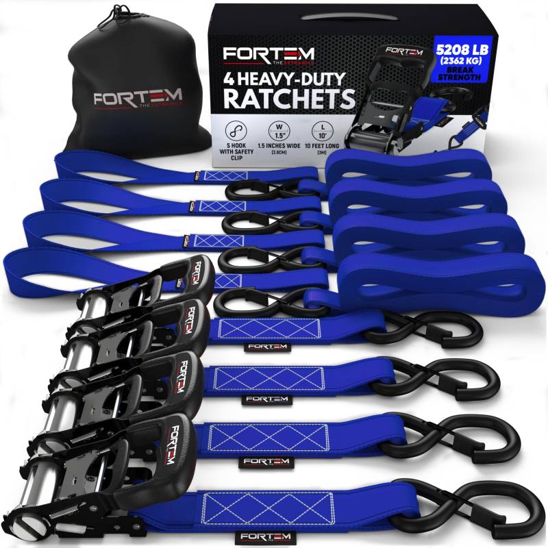 FORTEM Spanngurte - 2041 kg Bruchfestigkeit, 4 x 4,57 m Mit Ratsche - 4 Weiche Zurrschlaufen, Zurrgurte Mit Haken Aus Beschichtetem Metall - Gummigriffe - Tasche (Blau) von FORTEM