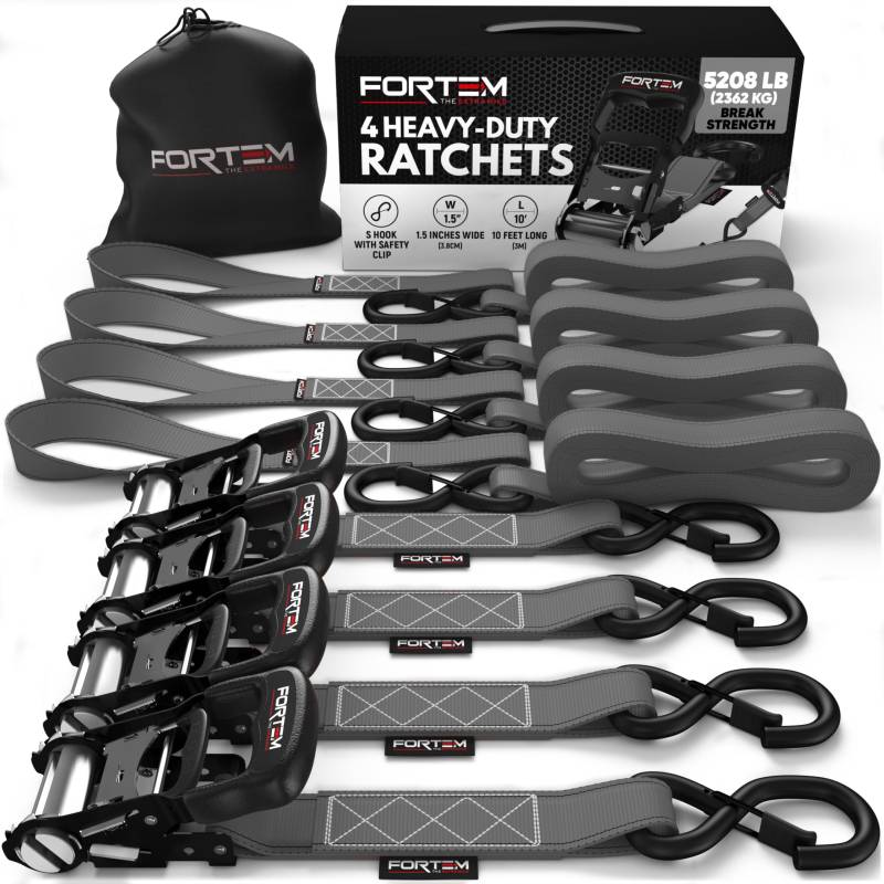 FORTEM Spanngurte - 2041 kg Bruchfestigkeit, 4 x 4,57 m Mit Ratsche - 4 Weiche Zurrschlaufen, Zurrgurte Mit Haken Aus Beschichtetem Metall - Gummigriffe - Tasche (Grau) von FORTEM
