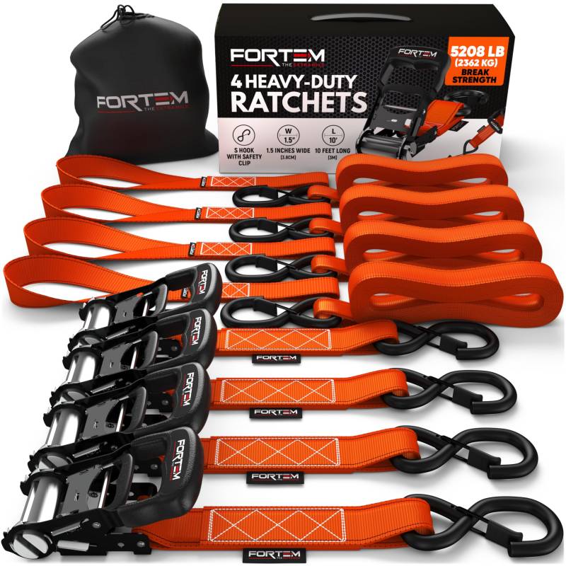 FORTEM Spanngurte - 2041 kg Bruchfestigkeit, 4 x 4,57 m Mit Ratsche - 4 Weiche Zurrschlaufen, Zurrgurte Mit Haken Aus Beschichtetem Metall - Gummigriffe - Tasche (Orange) von FORTEM