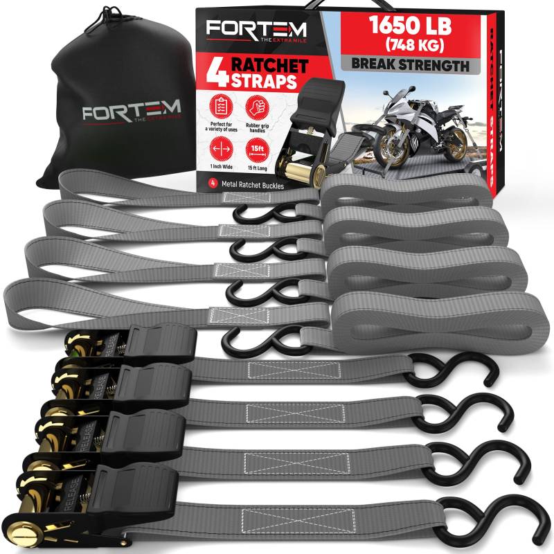 FORTEM Spanngurte, 680 kg Bruchfestigkeit, 4 x 4,57 m Spanngurte mit Ratsche - 4 Weiche Zurrschlaufen, Zurrgurte Spanngurte mit Haken aus Beschichtetem Metall - Gummigriffe - Tasche (Grau) von FORTEM