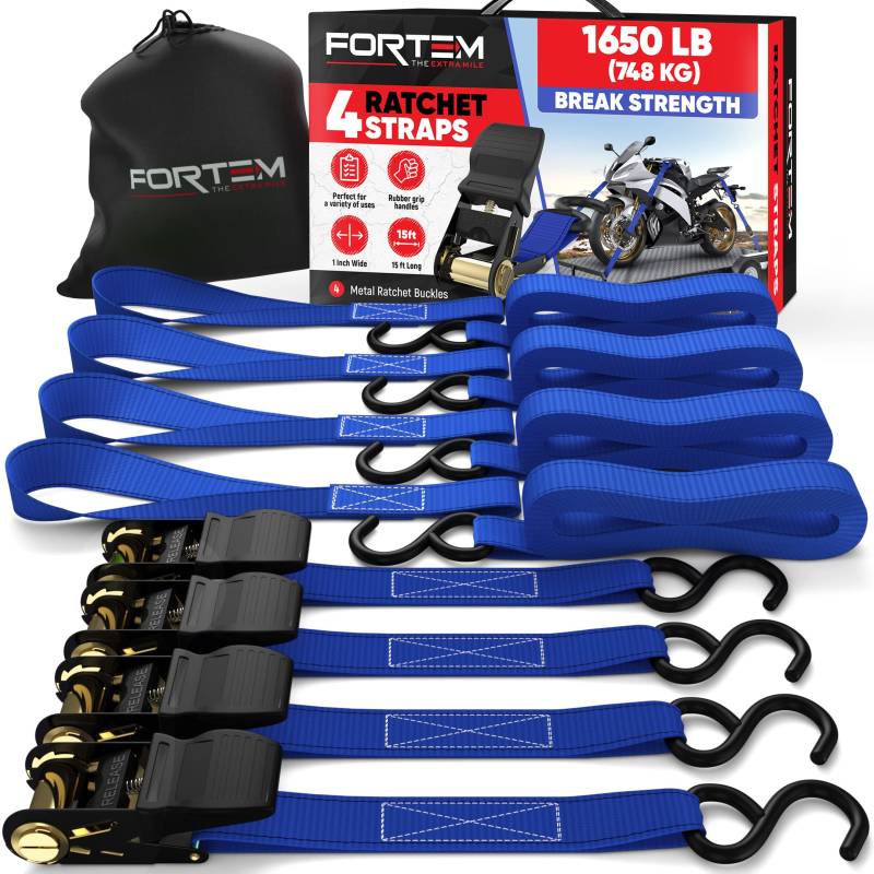 FORTEM Spanngurte - 748 kg Bruchfestigkeit, 4 x 4,57 m Mit Ratsche - 4 Weiche Zurrschlaufen, Zurrgurte Mit Haken Aus Beschichtetem Metall - Gummigriffe - Tasche (Blau) von FORTEM