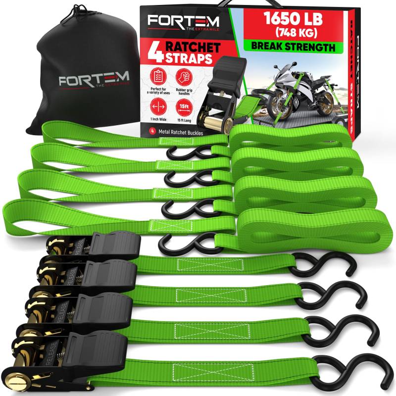 FORTEM Spanngurte, 748 kg Bruchfestigkeit, 4 x 4,57 m Spanngurte mit Ratsche - 4 Weiche Zurrschlaufen, Haken aus Beschichtetem Metall - Gummigriffe - Tasche (Grün) von FORTEM