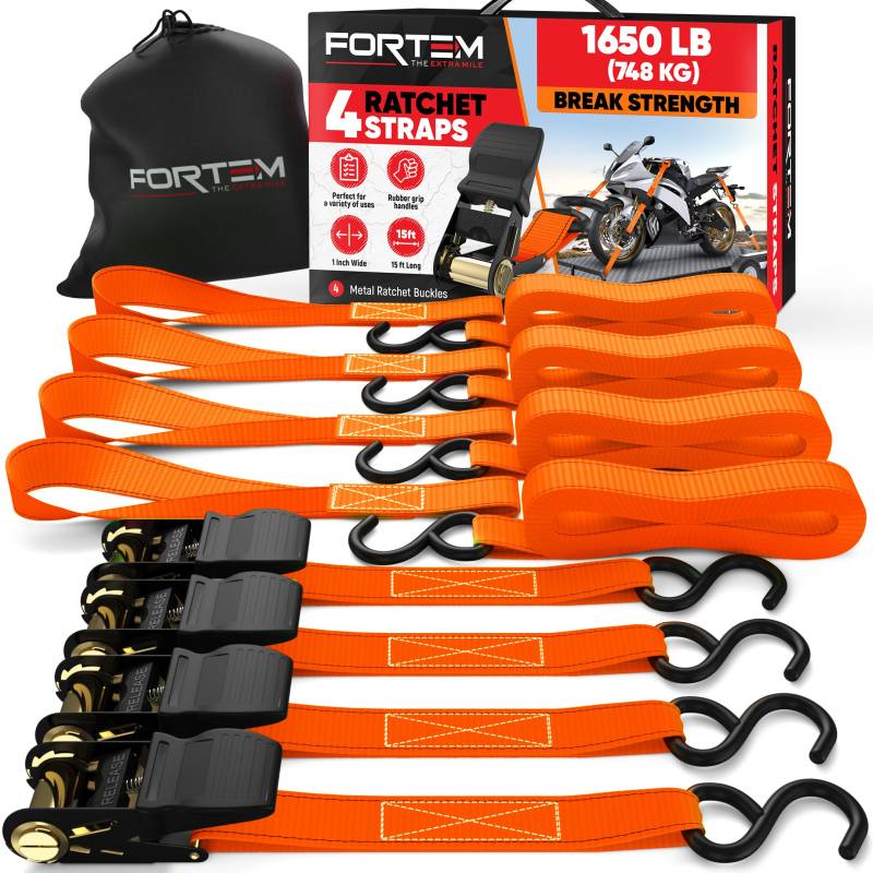 FORTEM Spanngurte, 680 kg Bruchfestigkeit, 4 x 4,57 m Spanngurte mit Ratsche - 4 Weiche Zurrschlaufen, Zurrgurte Spanngurte mit Haken aus Beschichtetem Metall - Gummigriffe - Tasche (Orange) von FORTEM
