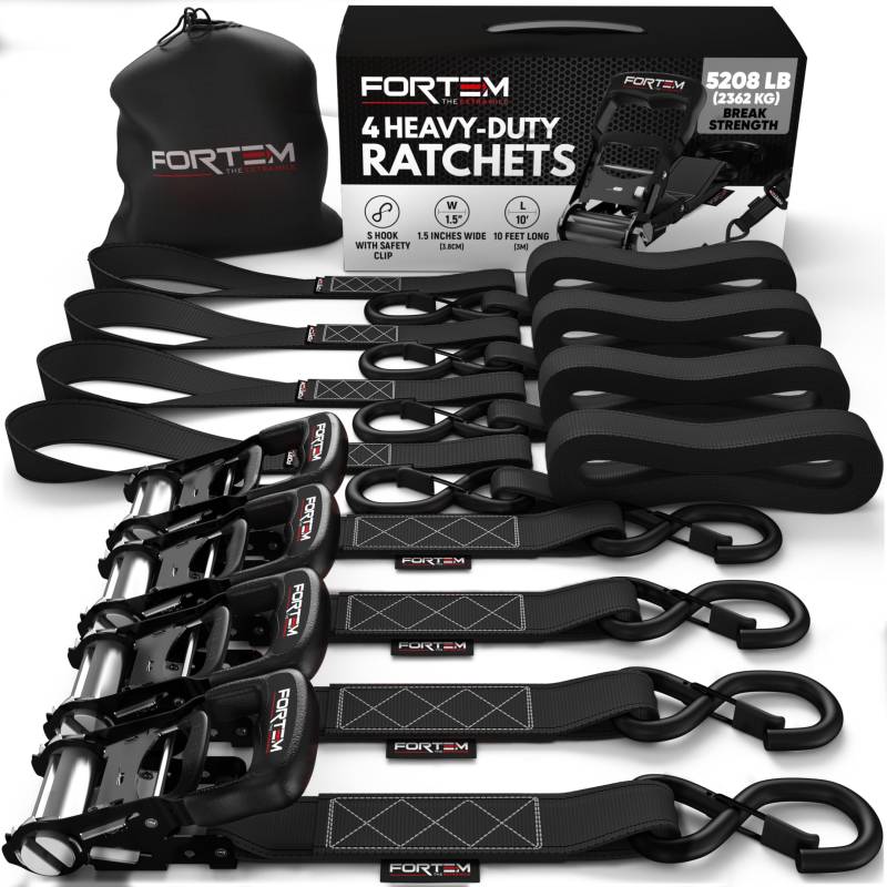 FORTEM Spanngurte - 2041 kg Bruchfestigkeit, 4 x 4,57 m Mit Ratsche - 4 Weiche Zurrschlaufen, Zurrgurte Mit Haken Aus Beschichtetem Metall - Gummigriffe - Tasche (Schwarz) von FORTEM