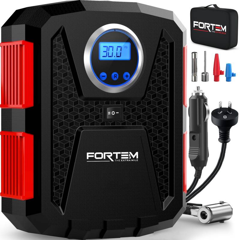 FORTEM Tragbarer Kompressor Autoreifen, 230V Adapter, 12V Autoreifen Pumpe und Fahrradpumpe Elektrisch mit LED-Licht - Digitaler Reifendruckmesser Automatische Pumpe/Abschaltung von FORTEM