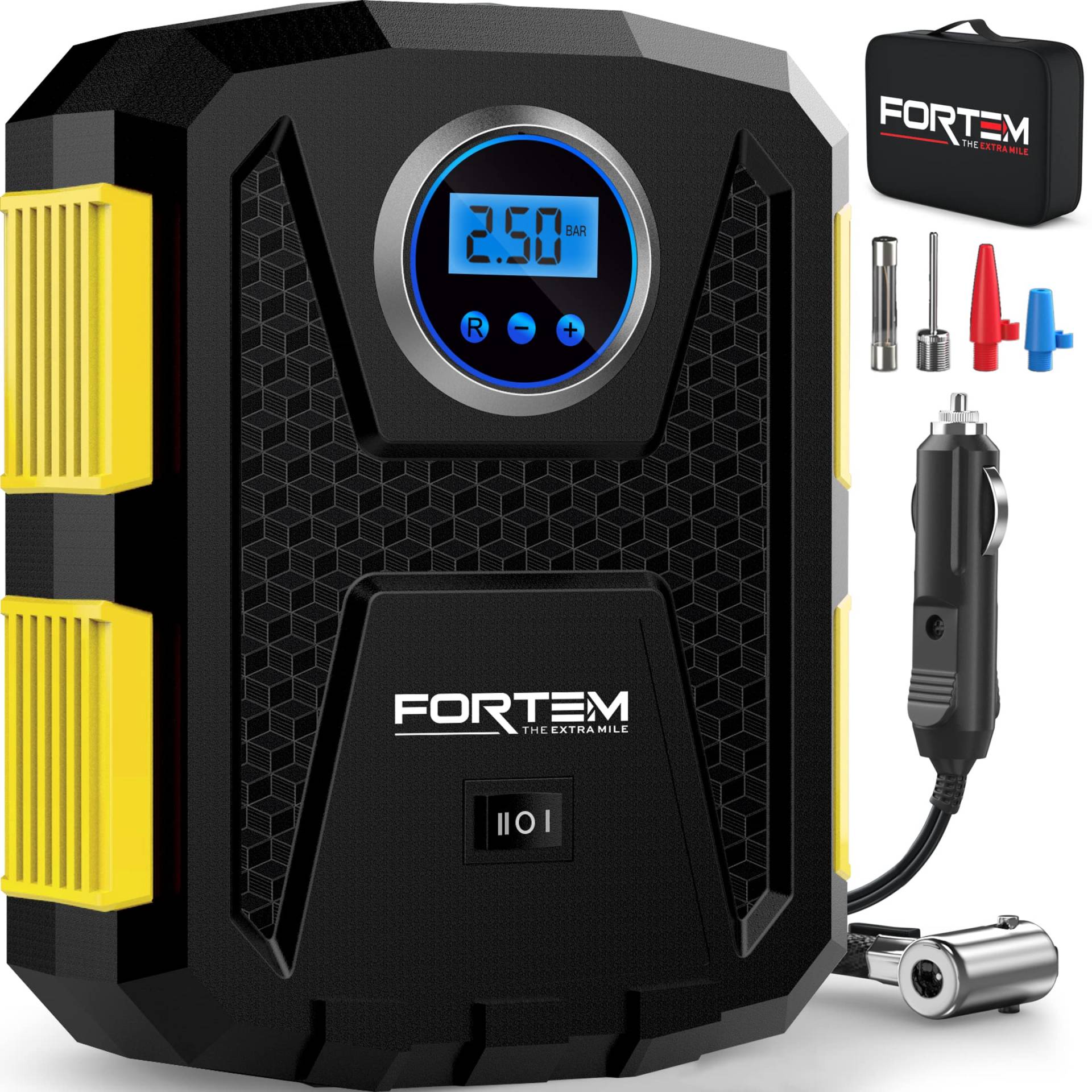 Fortem Tragbarer Kompressor Autoreifen, Kompressor Fahrrad, 12V Autoreifen Pumpe und Fahrradpumpe Elektrisch mit LED-Licht - Digitaler Reifendruckmesser Automatische Pumpe/Abschaltung, Tasche Fortem Tragbarer Kompressor Autoreifen, Kompressor Fahrrad, 12V Autoreifen Pumpe und Fahrradpumpe Elektrisch mit LED-Licht - Digitaler Reifendruckmesser Automatische Pumpe/Abschaltung, Tasche von FORTEM