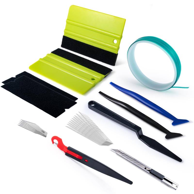 FOSHIO Vinyl Werkzeug Kit Folierung Set Autofolie Rakel Set für Tönungsfolie Wrap, Mit 5M Messerloses Knife Tape, Filzrakel, Cuttermesser, Micro Rakel, Klinge Ersetzen von FOSHIO