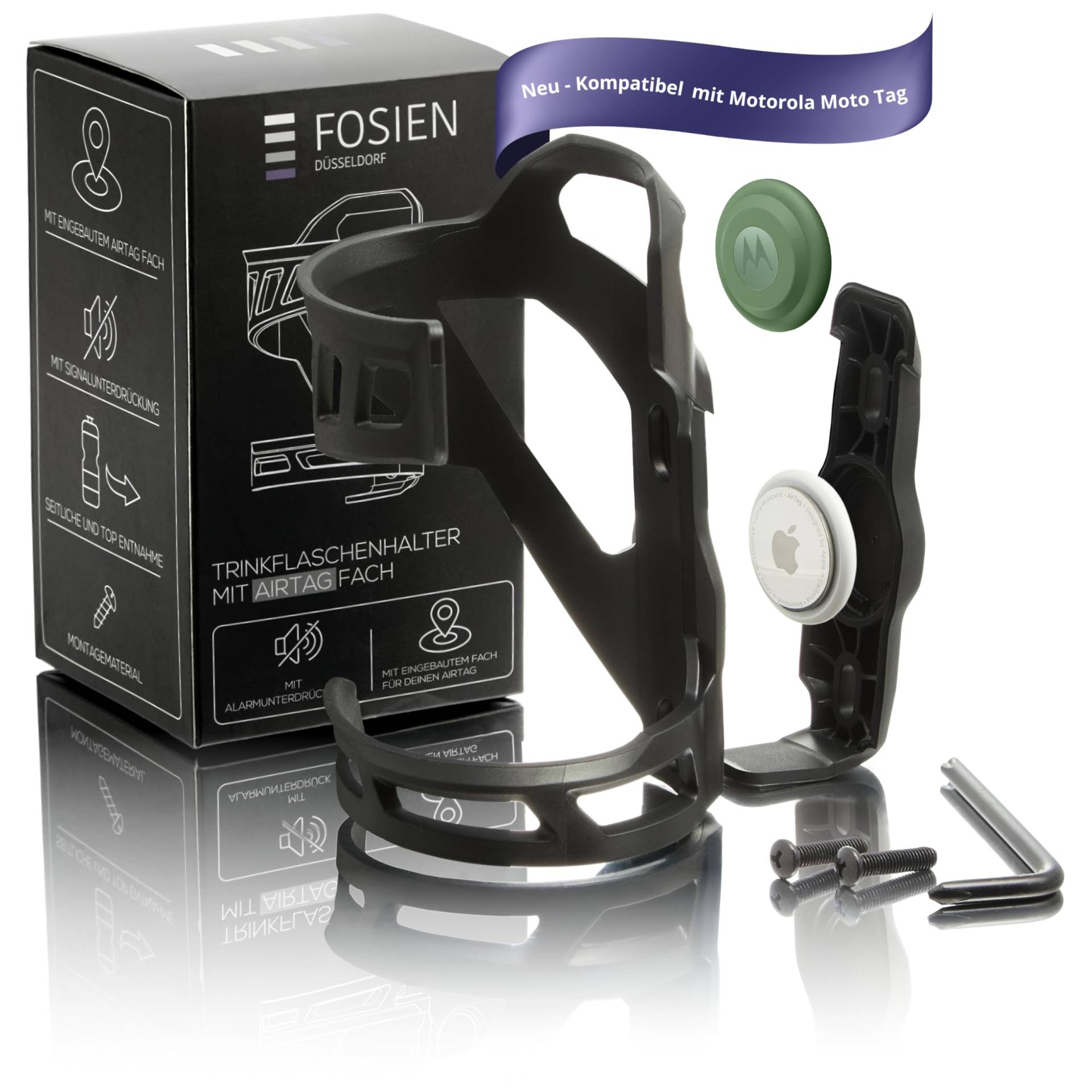 FOSIEN® Silent Track Cage - AirTag Fahrrad Getränkehalter mit stummer Integration. Flaschenhalter seitliche Entnahme/Fahrrad (Schwarz Anti Diebstahl Schrauben) von FOSIEN