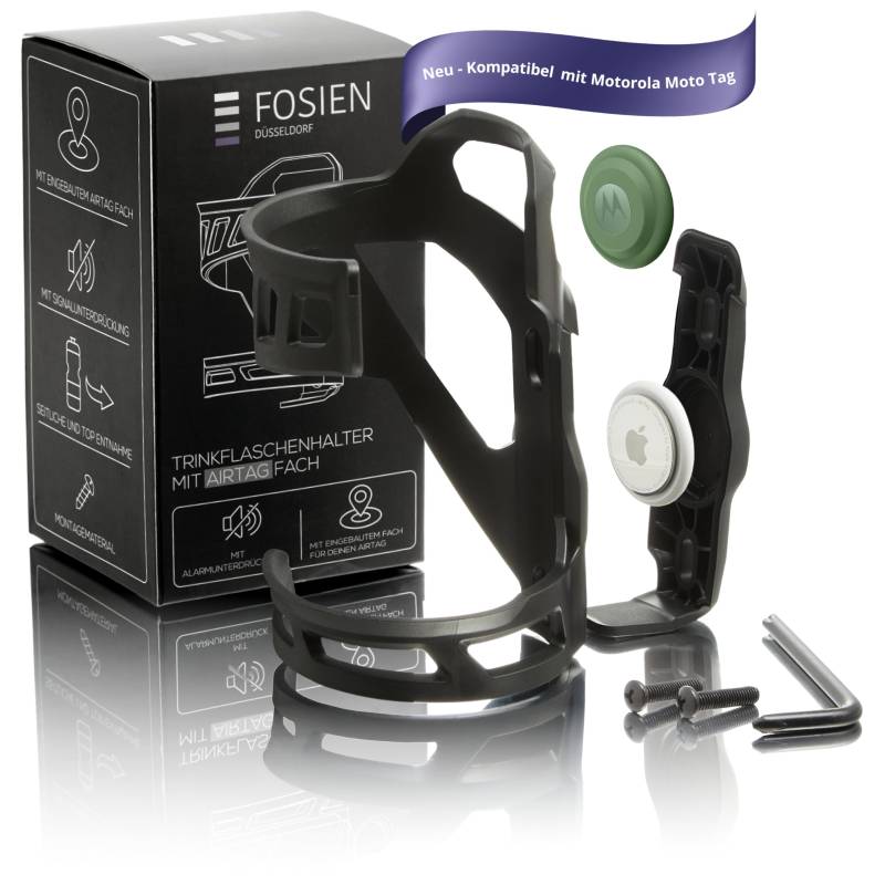 FOSIEN® Silent Track Cage - AirTag Fahrrad Getränkehalter mit stummer Integration. Flaschenhalter seitliche Entnahme/Fahrrad (Schwarz Anti Diebstahl Schrauben) von FOSIEN