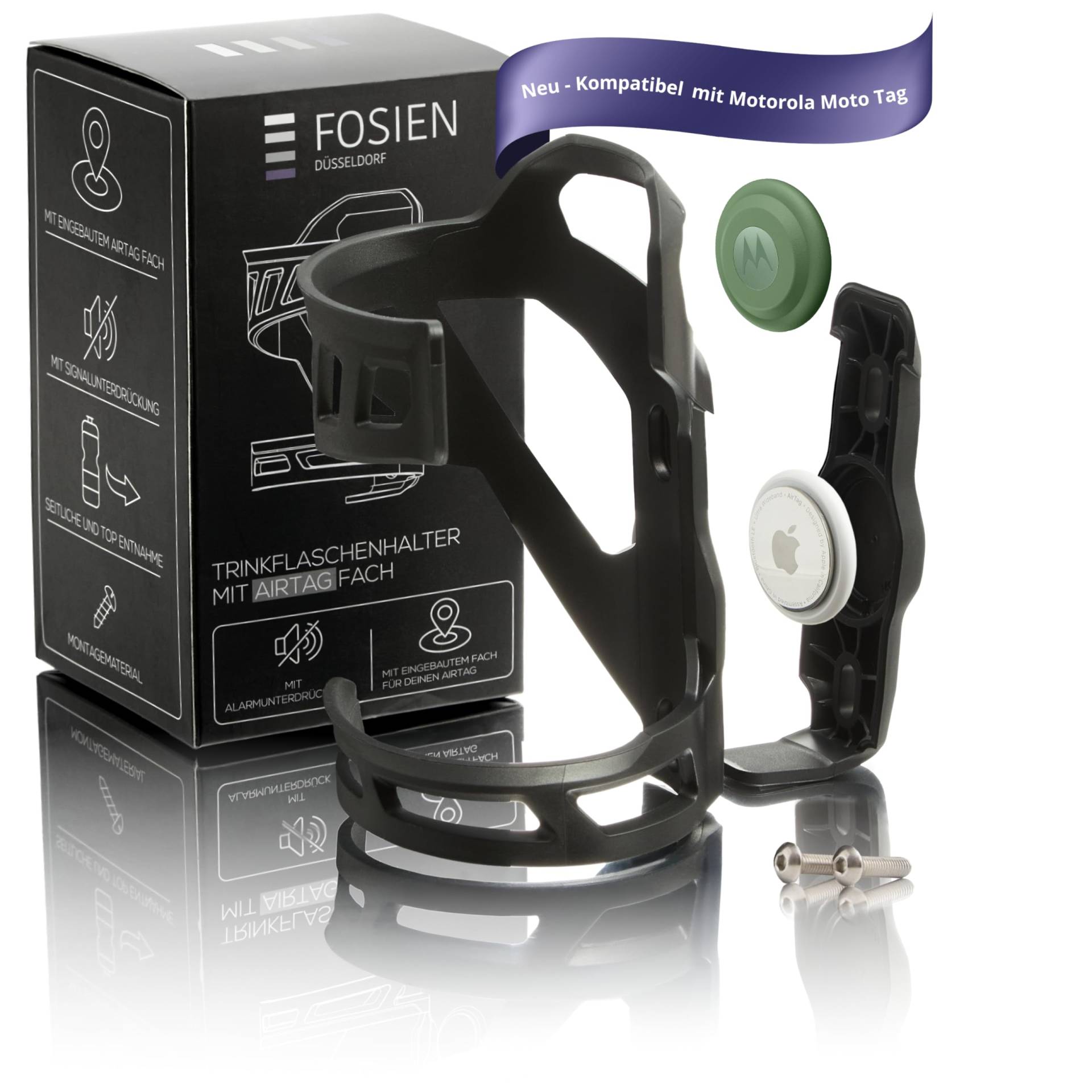 FOSIEN® Silent Track Cage - AirTag Fahrrad Getränkehalter seitlich mit stummer AirTag Integration. Flaschenhalter Fahrrad - (Schwarz Standard) von FOSIEN