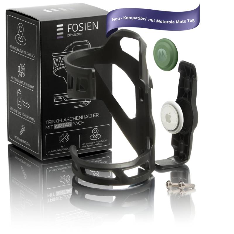 FOSIEN® Silent Track Cage - AirTag Fahrrad Getränkehalter seitlich mit stummer AirTag Integration. Flaschenhalter Fahrrad - (Schwarz Standard) von FOSIEN