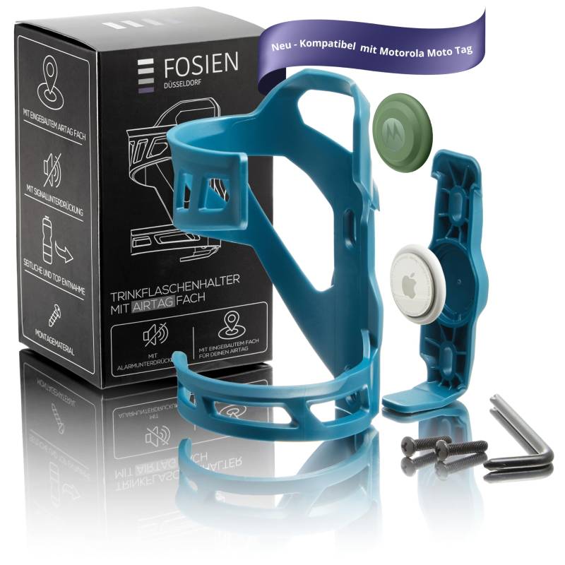 FOSIEN® Silent Track Cage - AirTag Fahrrad Getränkehalter seitlich mit stummer AirTag Integration. Flaschenhalter Fahrrad - Polarweiß (Deep Forest Blau Anti-Diebstahl Schrauben) von FOSIEN