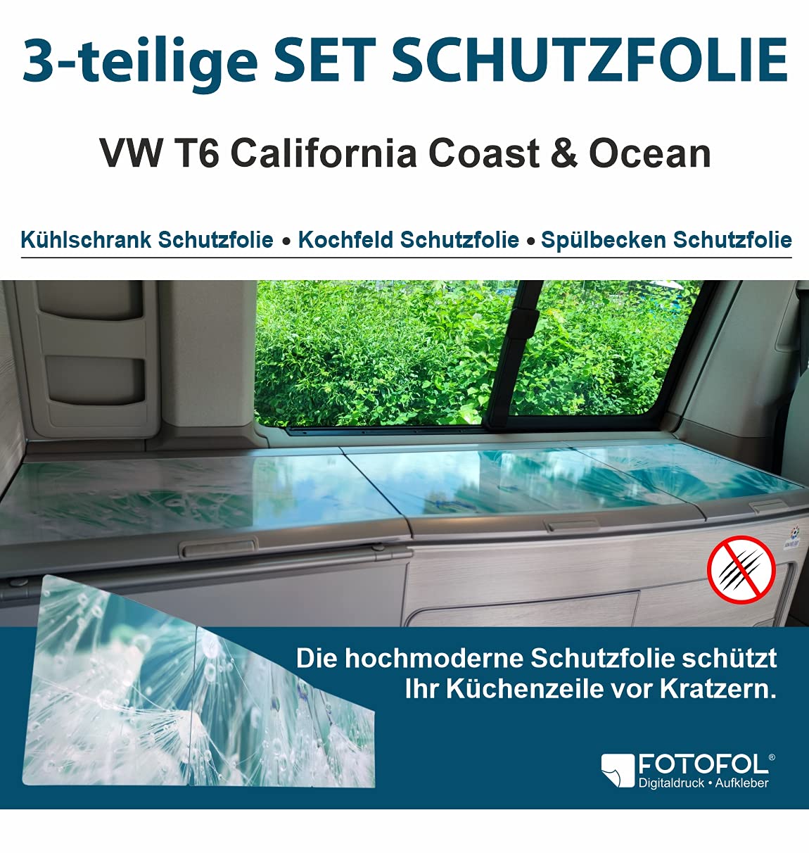 FOTOFOL Schutzfolien-Set, passt für VW T6 California. Schutz für Kühlschrank Kochfeld Spülbecken mit Motiv Pusteblumen. Schutz für Dein Camper von FOTOFOL
