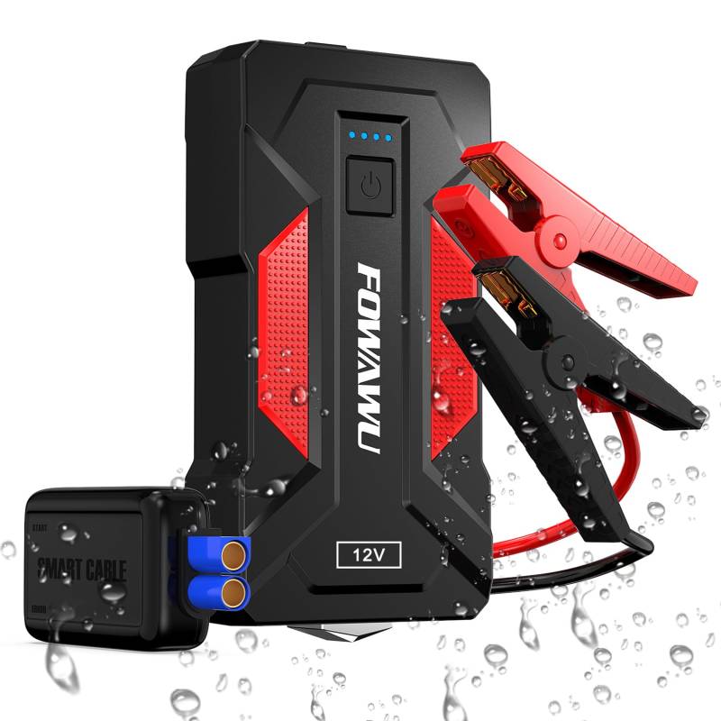 FOWAWU Auto Starthilfe Powerbank 4000 A 24800 mAh, Booster Auto Starthilfe für 9 L Benzin und 7 L Diesel mit LED Taschenlampe, 2 Schnelllade USB 3,0 Ausgänge, Sicherheitshammer von FOWAWU