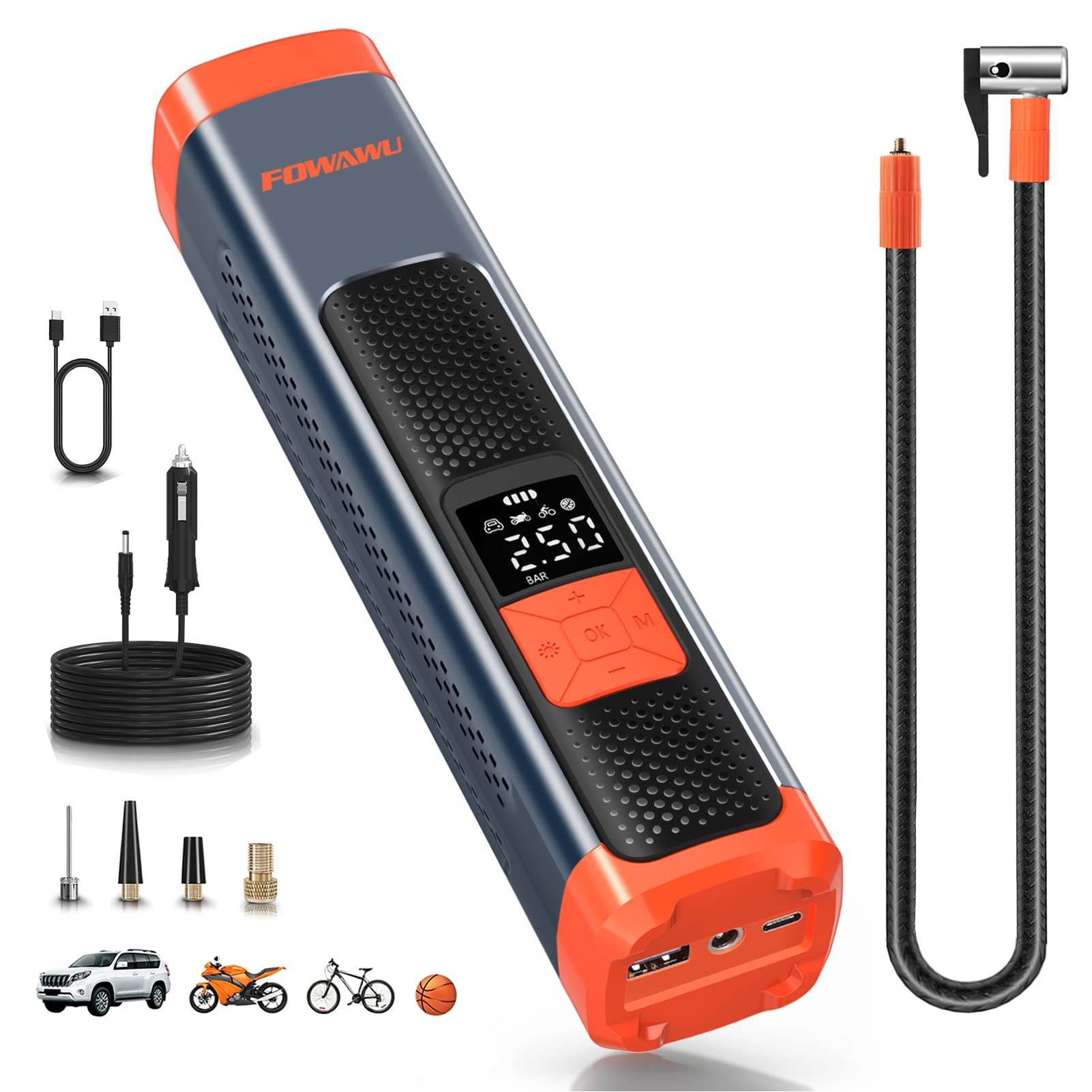 FOWAWU Elektrische Luftpumpe Fahrrad 6000mAh 150PSI,Elektrische Luftpumpe Akku Kompressor Luftpumpe,Fahrradpumpe Elektrisch,Fahrrad Pumpe mit DC 12V Kabel Digital LCD LED Licht Wiederaufladbarer von FOWAWU