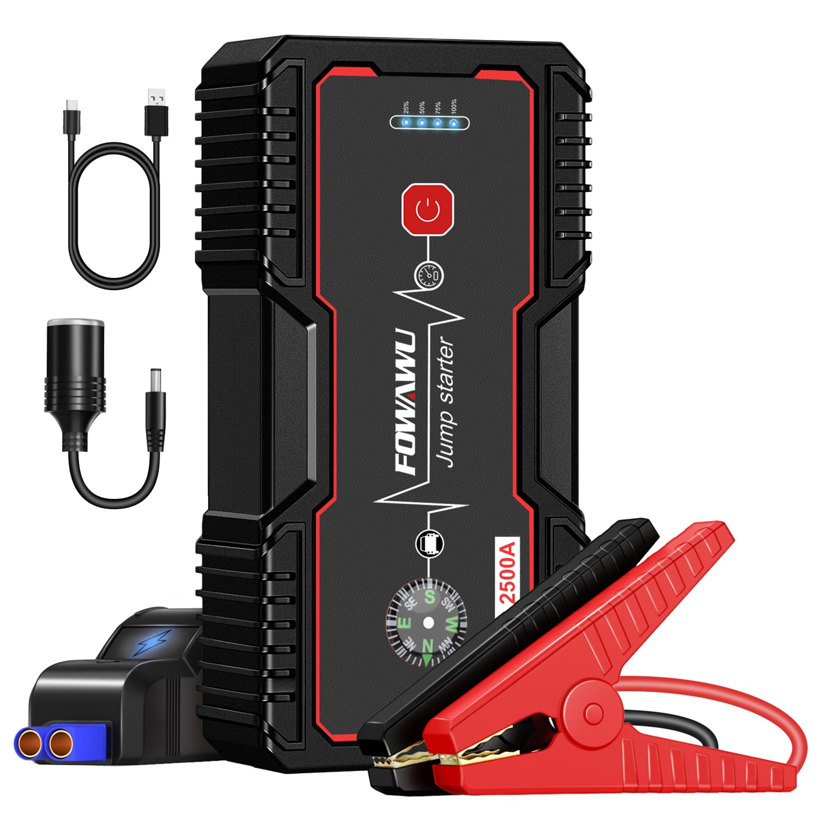FOWAWU Starthilfe Powerbank 2500A 22800mAh 12V Tragbarer Motorrad Auto (Motoren Bis zu 8.0L Benzin oder 6.5L Diesel) Starthilfegerät Autobatterie mit LED Taschenlampe/USBLadegerät FOWAWU Starthilfe Powerbank 2500A 22800mAh 12V Tragbarer Motorrad Auto (Motoren Bis zu 8.0L Benzin oder 6.5L Diesel) Starthilfegerät Autobatterie mit LED Taschenlampe/USBLadegerät von FOWAWU