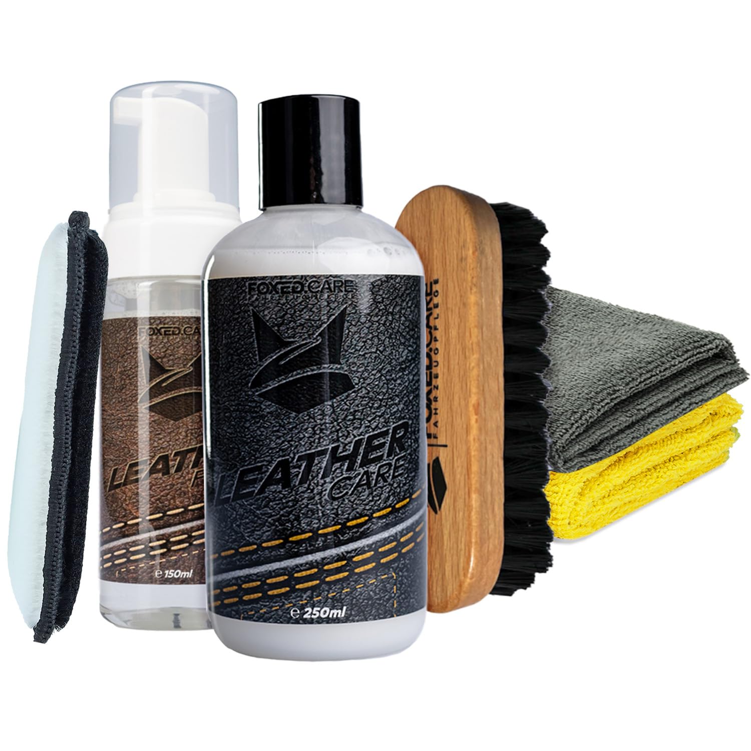 FOXED Care Lederreinigung und Pflege Bundle - Lederreiniger 0,15L - Lederpflege 0,25L - Lederbürste - Auftragsschwamm - 2X Mikrofasertuch für Innenreinigung FOXED Care Lederreinigung und Pflege Bundle - Lederreiniger 0,15L - Lederpflege 0,25L - Lederbürste - Auftragsschwamm - 2X Mikrofasertuch für Innenreinigung von FOXED