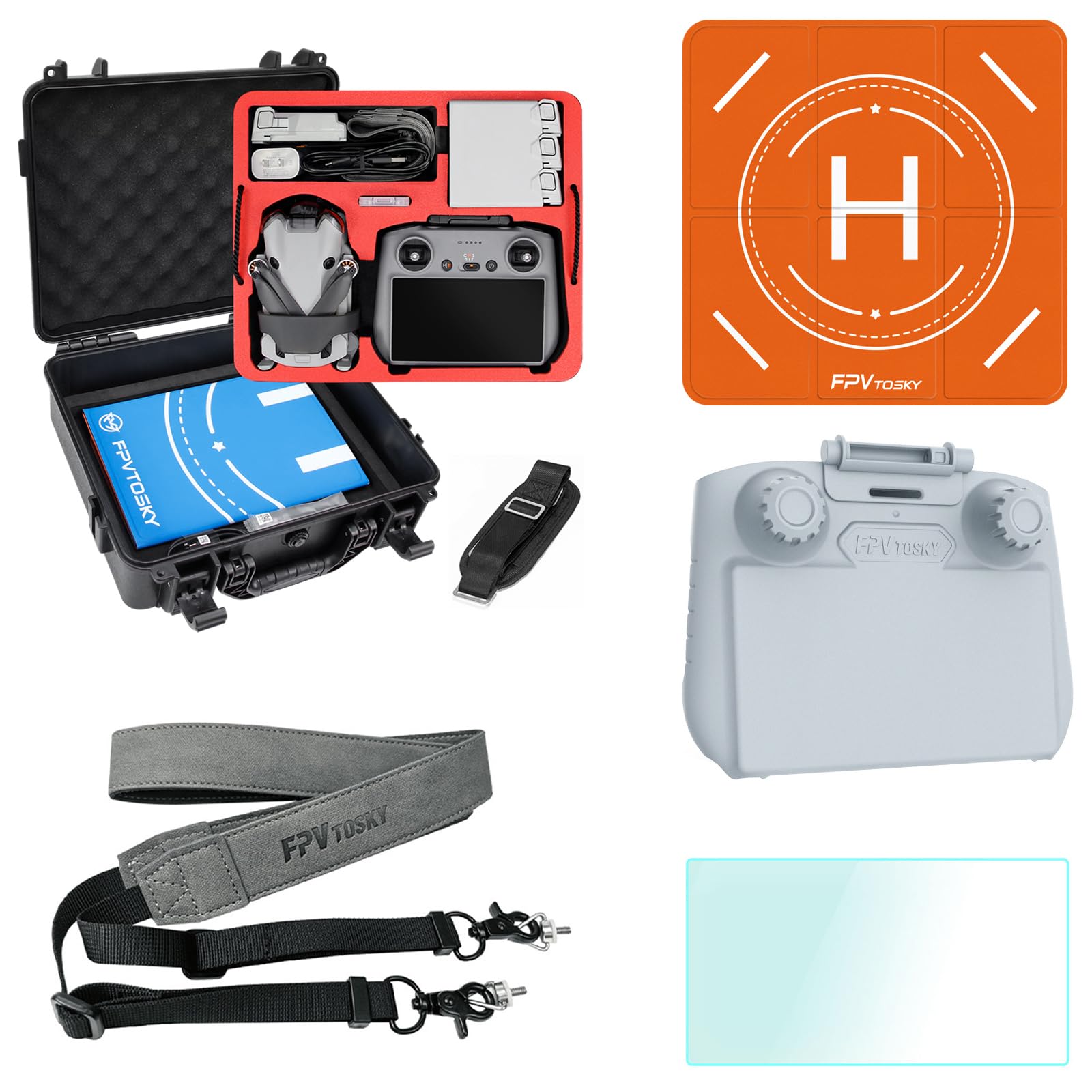 FPVtosky Drohne Mini 4 Pro Zubehör 5-IN-1 Kit, Dual Layer Mini 4 Pro Koffer, Landepad, Lanyard, Bildschirmschutz, Sonnenschirm Abdeckung für DJI Min 4 Pro von FPVtosky