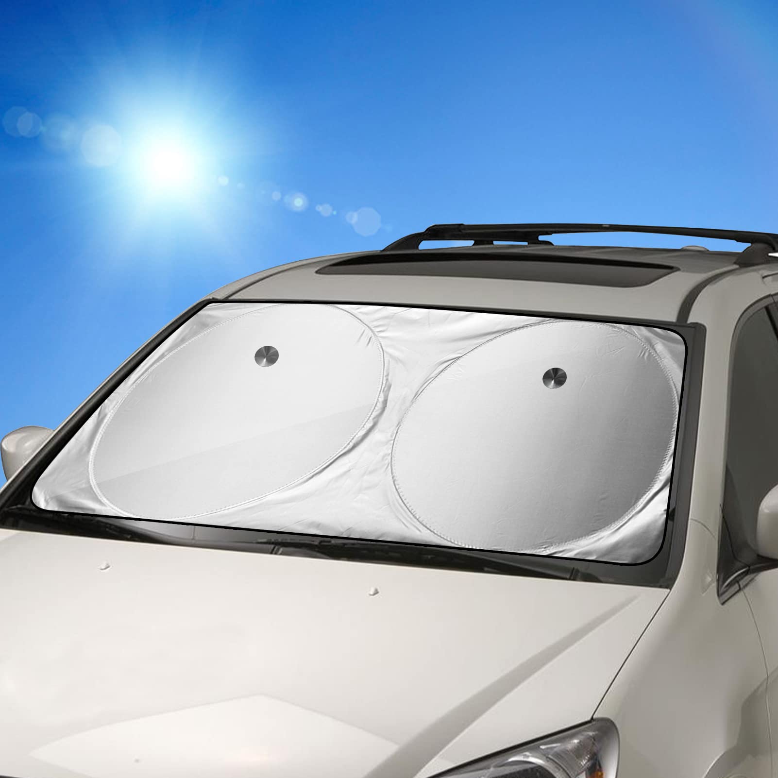 Sonnenschutz Auto frontscheibe, FRECOO hitzeschutz Auto frontscheibe mit Saugnäpfen für Frontscheibe Auto Sonnenblende,Faltbarer Schutzschirm Sonnenblende für Kinder, Hunde Mit UV Schutz,160 * 80 cm von FRECOO