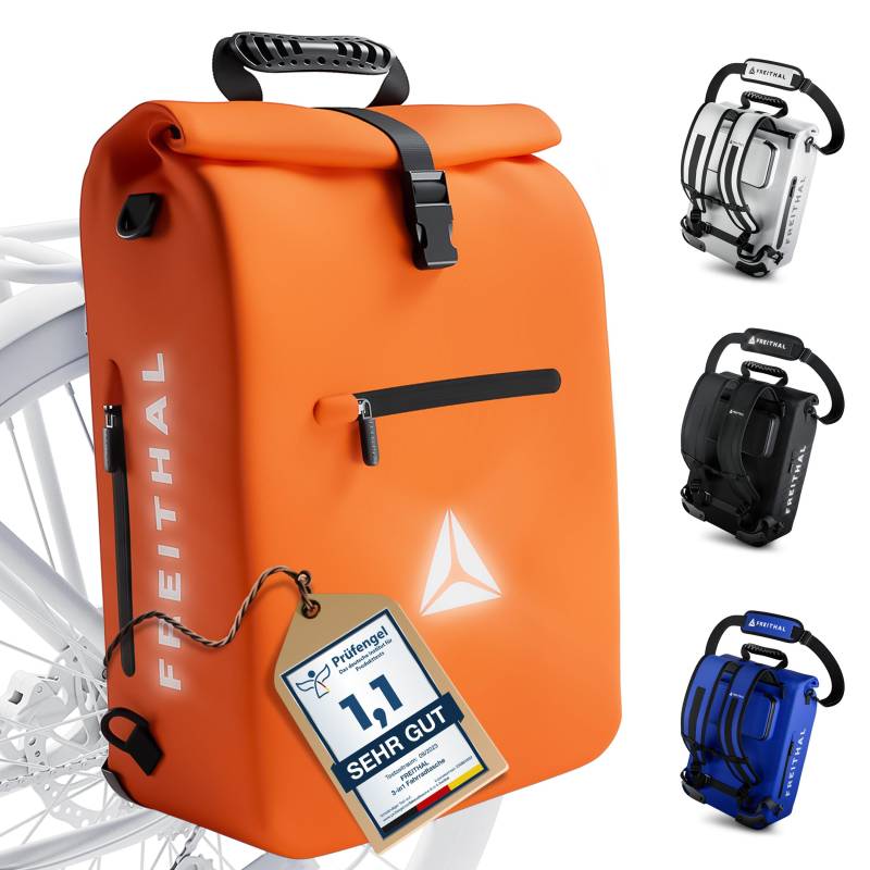FREITHAL - 3in1 Fahrradtasche aus recyceltem Gewebe [25L] - Verwendbar als Gepäckträgertasche, Rucksack & Umhängetasche - 100% Wasserdichte & Reflektierende Fahrradtasche Rucksack - Mit 16" Laptopfach von FREITHAL