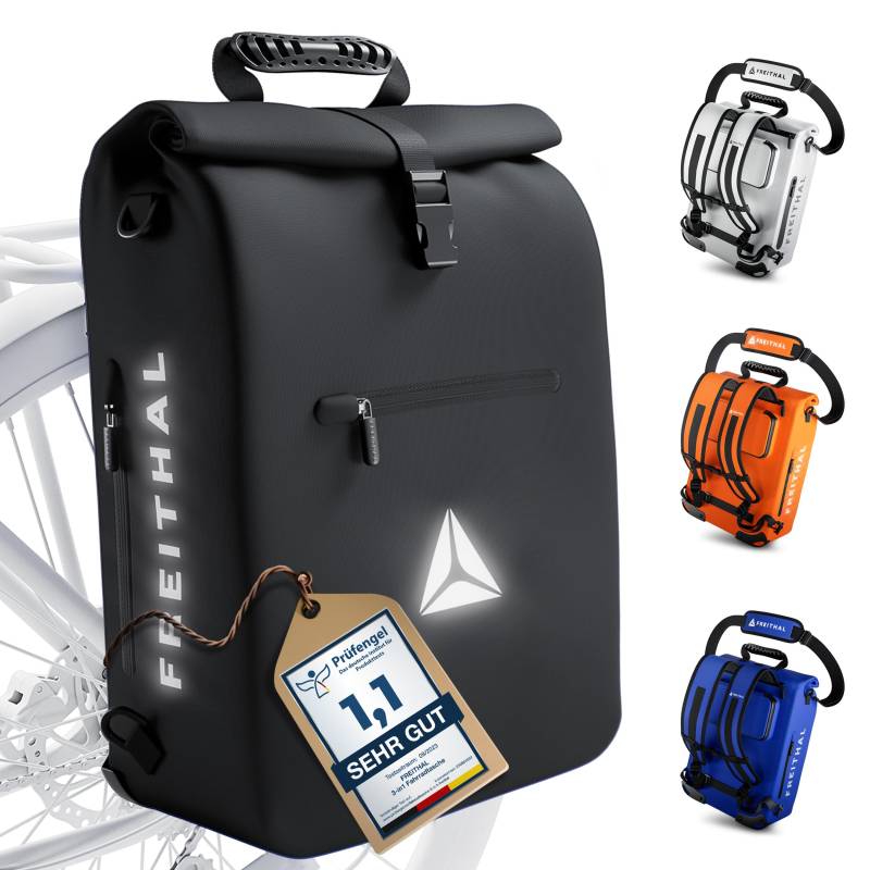 FREITHAL - 3in1 Fahrradtasche aus recyceltem Gewebe [25L] - Verwendbar als Gepäckträgertasche, Rucksack & Umhängetasche - 100% Wasserdichte & Reflektierende Fahrradtasche Rucksack - Mit 16" Laptopfach von FREITHAL