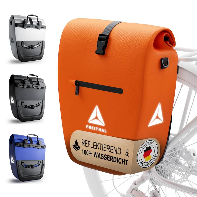 FREITHAL - Fahrradtasche für Gepäckträger [27L] - 100% wasserdicht & mit Reflektoren - Gepäckträgertasche & Umhängetasche - Bike Bag - Orange von FREITHAL