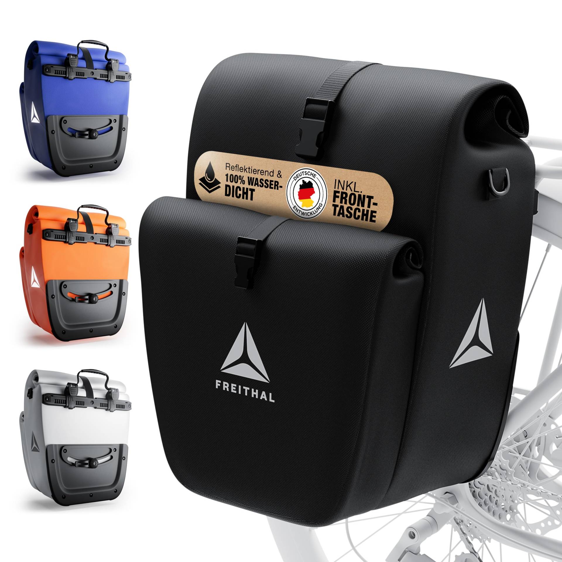 FREITHAL - Gepäckträgertasche mit Fronttasche - Aus recyceltem Gewebe [33L] - Verwendbar als Gepäckträgertasche & Umhängetasche - 100% wasserdichte & Reflektierende Fahrradtasche Gepäckträger von FREITHAL
