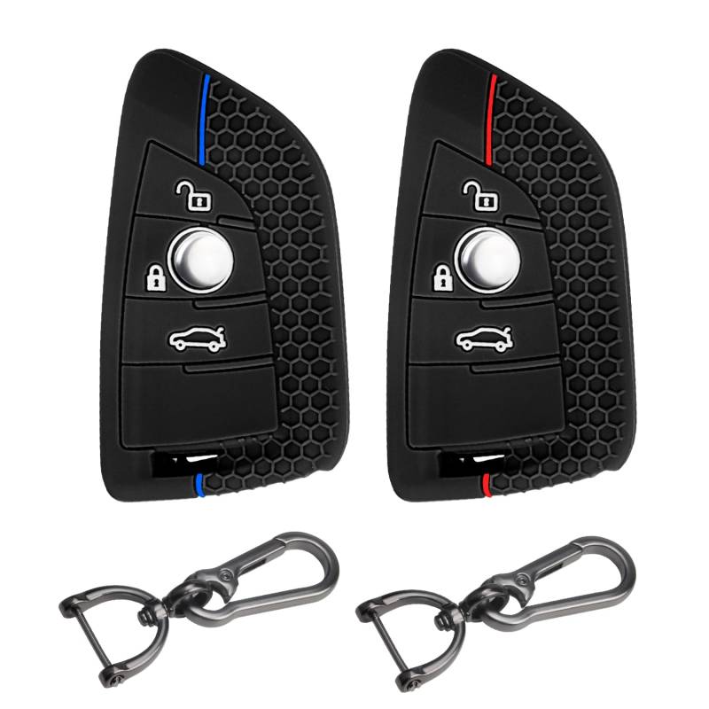 FT FUNTOR 2 Stück Schlüsselhülle für BMW,Passend für BMW 1 2 3 5 6 7 Series Active Tourer F21 F45 F46 F48 X1 F48 X3 X4 X5 X6 F15 F85 F15 F16,3 Tasten Silikon Schlüsselhülle (Schwarz Rot+Schwarz Blau) von FT FUNTOR