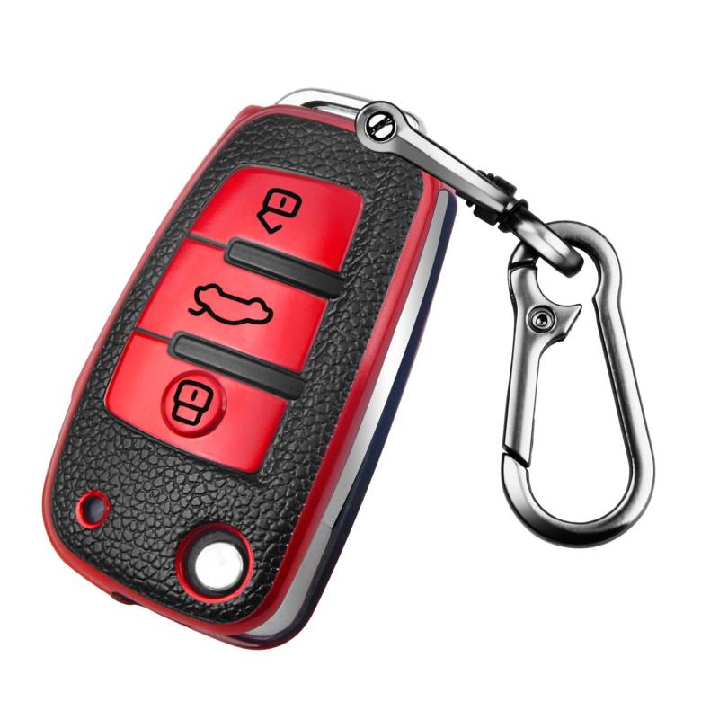 FT FUNTOR Audi Autoschlüssel Hülle - TPU Leder Textur Mit 3 Tasten, Kompatibel Mit A1 A3 A4 A6 A8 Quattro Q2 Q3 Q7 R8 RS3 RS6 S3 S6 TT TTS (C-Rot) von FT FUNTOR