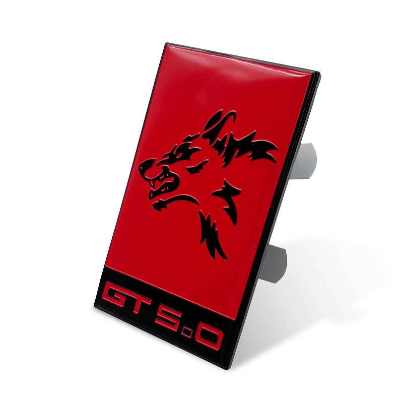 1 x Coyote Wolfskopf-Auto-Metall-Frontgrill-Abzeichen, rot lackiert, individuelles Hauben-Emblem mit Schraub-Symbol von FT&C