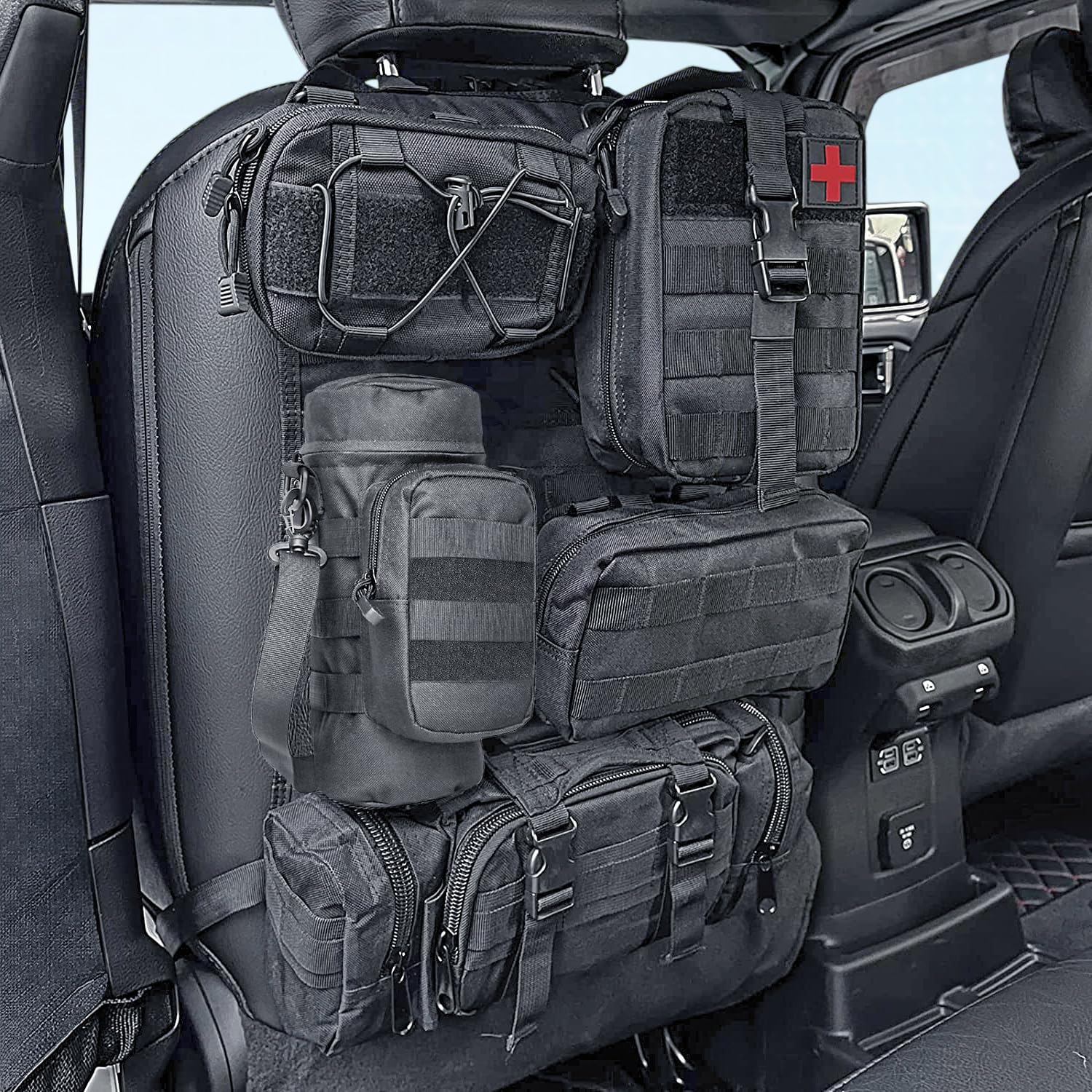 FUJIAN Molle Tasche Auto Organizer - Molle Tactical Car Seat Organiser with 5 Detachable Molle Pouch (Schwarz) von FUJIAN