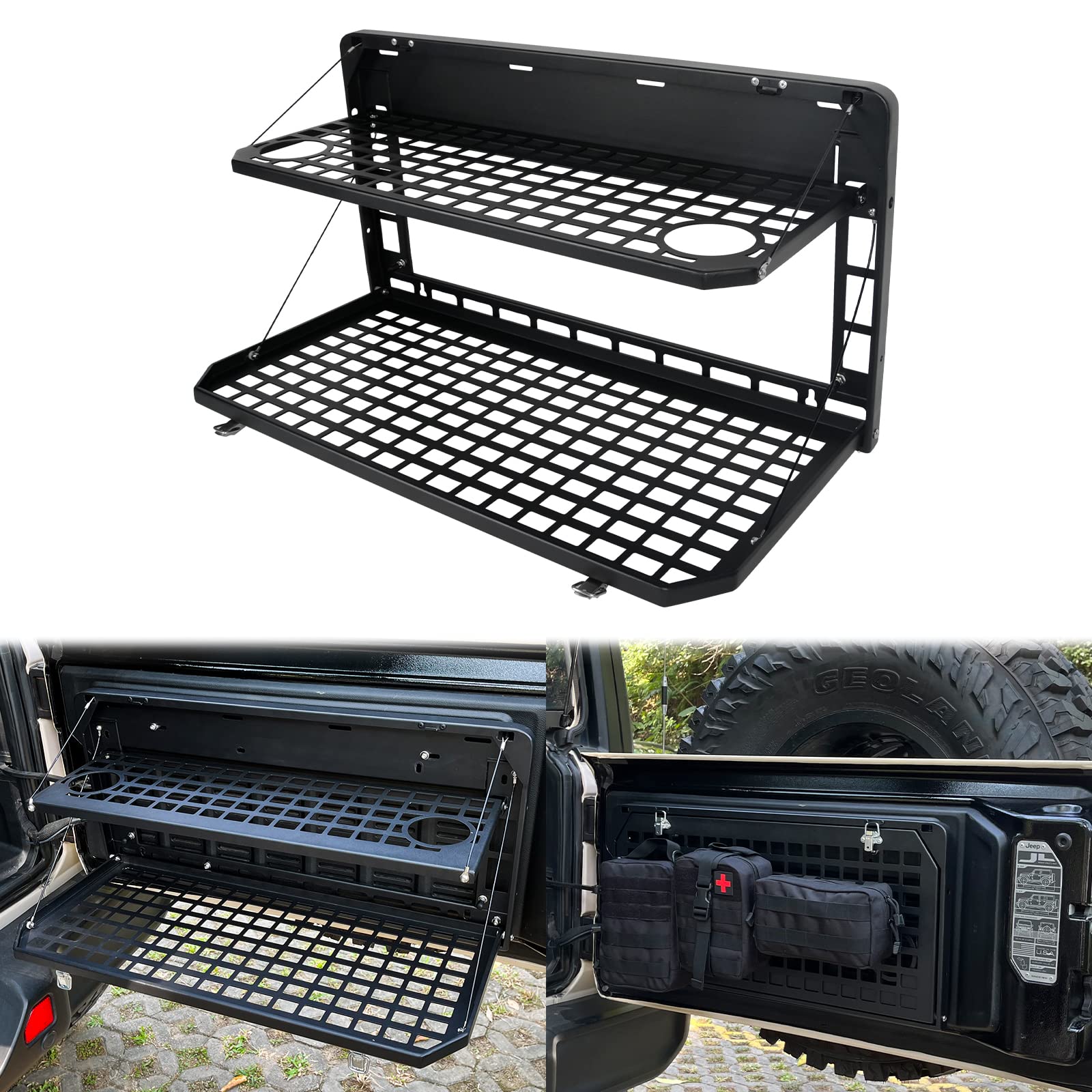 AL4X4 2-stöckiger Heckklappentisch für hinten, faltbarer Stauraum, Gepäckträger, Outdoor-Camping-Schreibtisch für Jeep Wrangler JK & JL 2007–2022, 4-Türer (nicht passend für JK-Modelle mit von FUNY