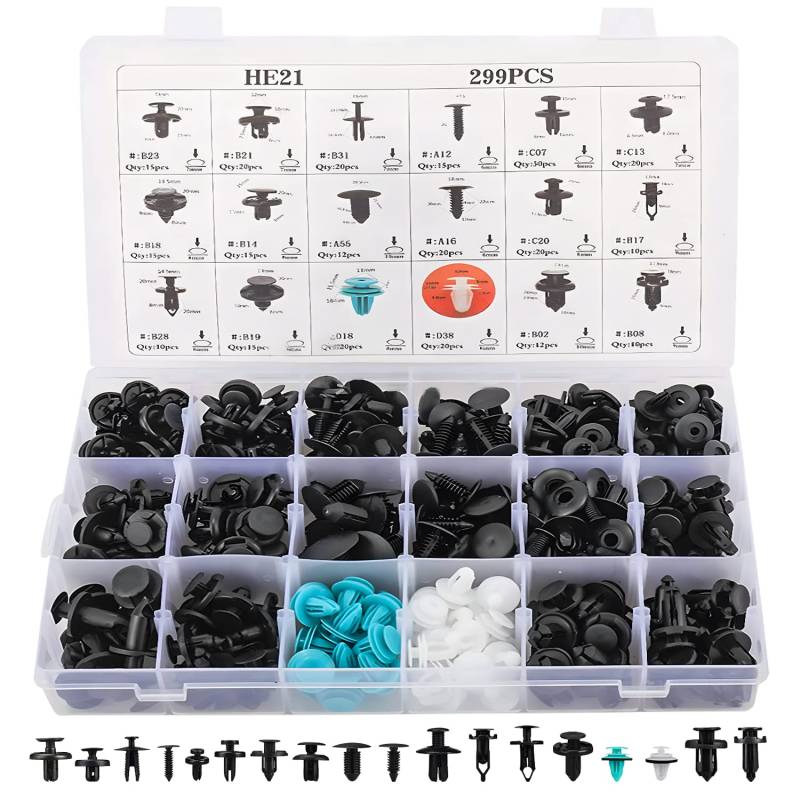 299 Teiliges Clips Set, Auto Halterungsclips, Kunststoff Befestigungs Set, Auto Stoßstangen Halterung, 18 beliebte Universal Auto Nylon Clips, Kunststoff, Karosserie und Autozubehör von FUSHUI