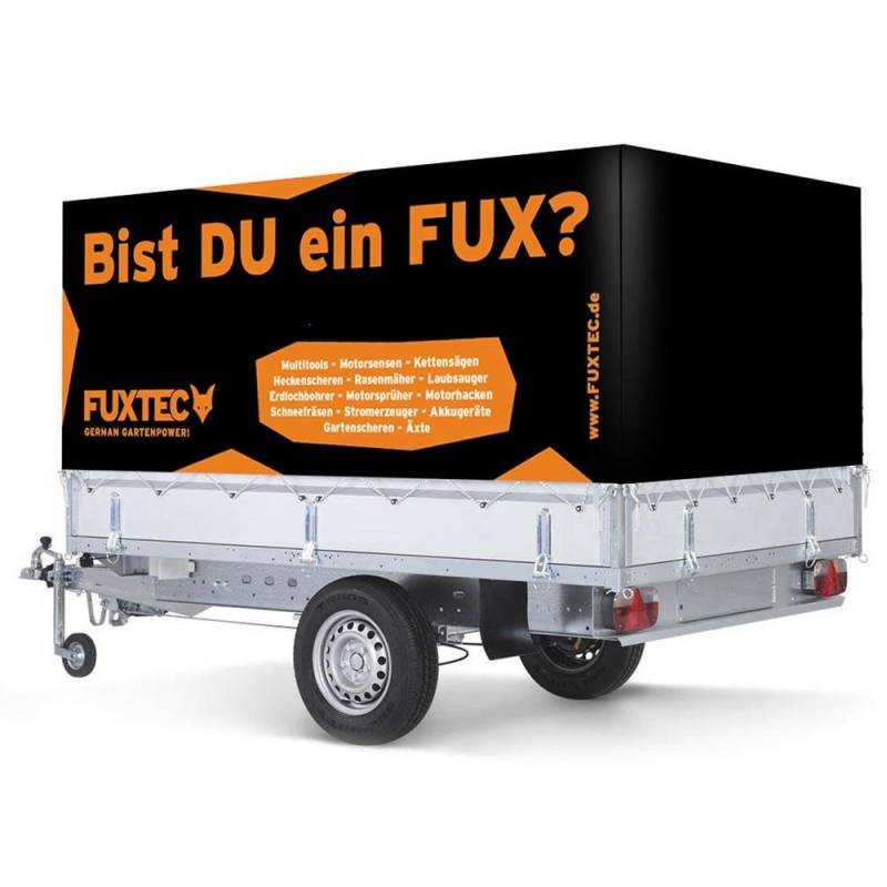 FUXTEC Anhängerplane passend für STEMA-Anhänger - wasserdicht - schwarz/orange - 80 cm Hochplane - Innenmaß 108 x 201 cm - auch für weitere Modelle nutzbar - inkl. Planenschnur - Gewicht: 610g/m² von Fuxtec