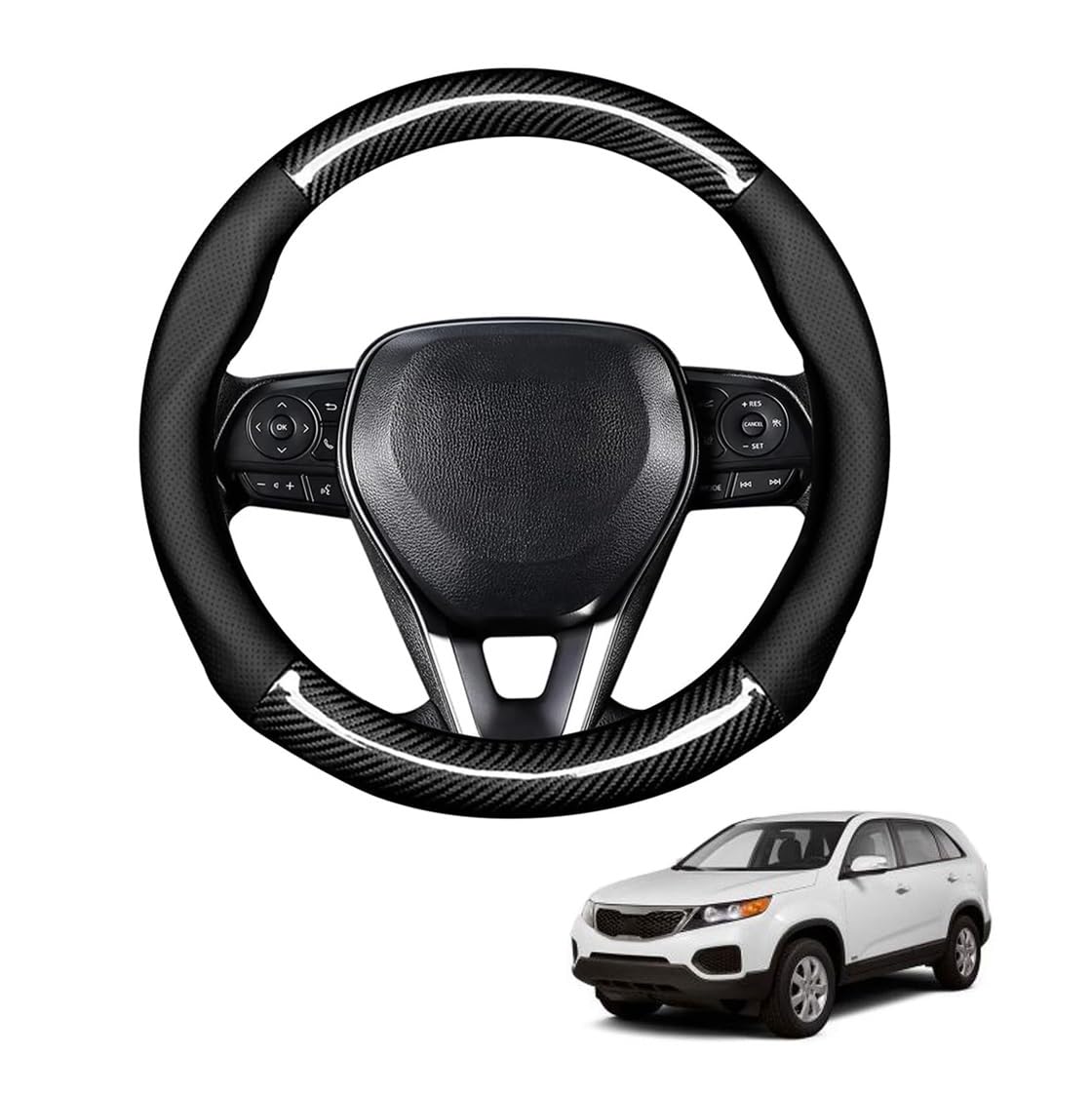Lenkradbezug PU Leder Kohlefaser Runde Forme für Sorento I (JC) 2002-2014 Atmungsaktiv Lenkradschutz Sport Anti-Rutsch Lenkradhülle für Auto Zubehör Innenraum(Black) von FZCXHONJ