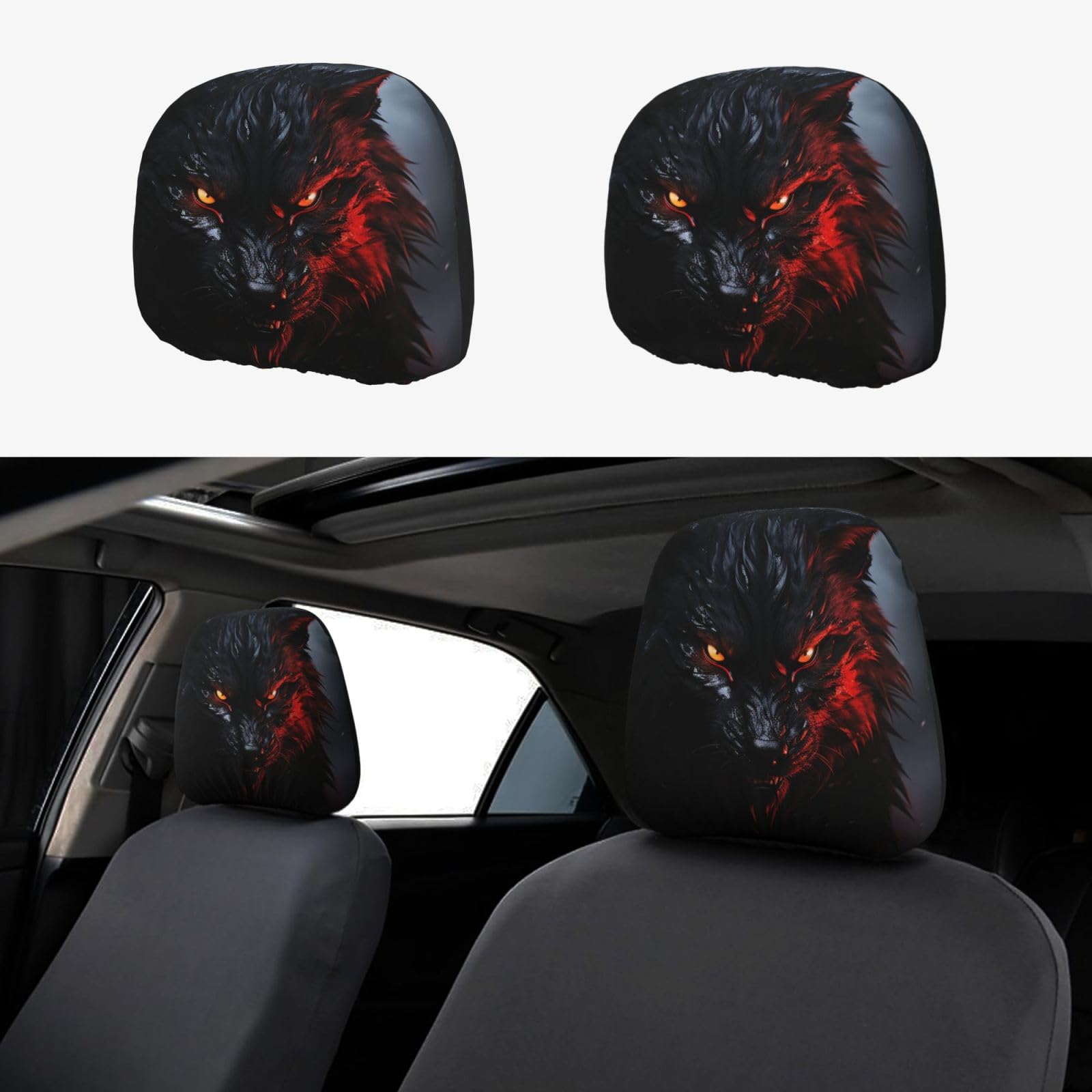 FZMVSGP Autositzbezug für Kopfstützen, großer schwarzer Wolf mit roten Augen, personalisierbar, universeller Autositz-Kopfstützenbezug für LKW, SUV, 2 Stück FZMVSGP Autositzbezug für Kopfstützen, großer schwarzer Wolf mit roten Augen, personalisierbar, universeller Autositz-Kopfstützenbezug für LKW, SUV, 2 Stück von FZMVSGP
