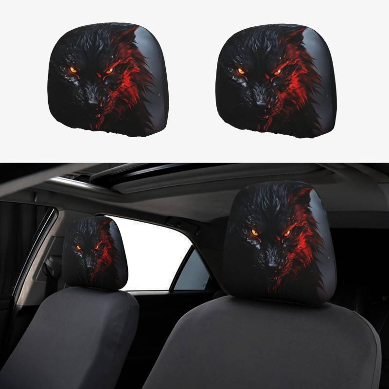 FZMVSGP Autositzbezug für Kopfstützen, großer schwarzer Wolf mit roten Augen, personalisierbar, universeller Autositz-Kopfstützenbezug für LKW, SUV, 2 Stück von FZMVSGP