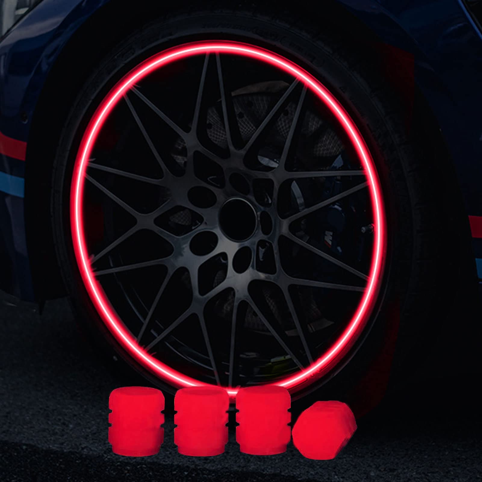 4 Stück Leuchtende Reifenventilkappe, Universelle Auto Reifen Ventilkappen, Fluoreszierende Autoreifen, Funkeln in der Nacht, Coole Reifendeko, für Reifen für Autos, Motorräder und Fahrräder (Rot) von FZQBEY