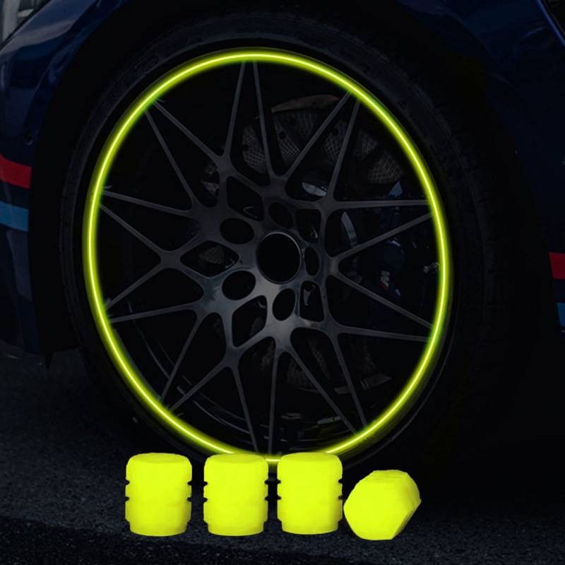 4 Stück Leuchtende Reifenventilkappe, Universelle Auto Reifen Ventilkappen, Fluoreszierende Autoreifen, Funkeln in der Nacht, Coole Reifendeko, für Reifen für Autos, Motorräder und Fahrräder (Gelb) von FZQBEY