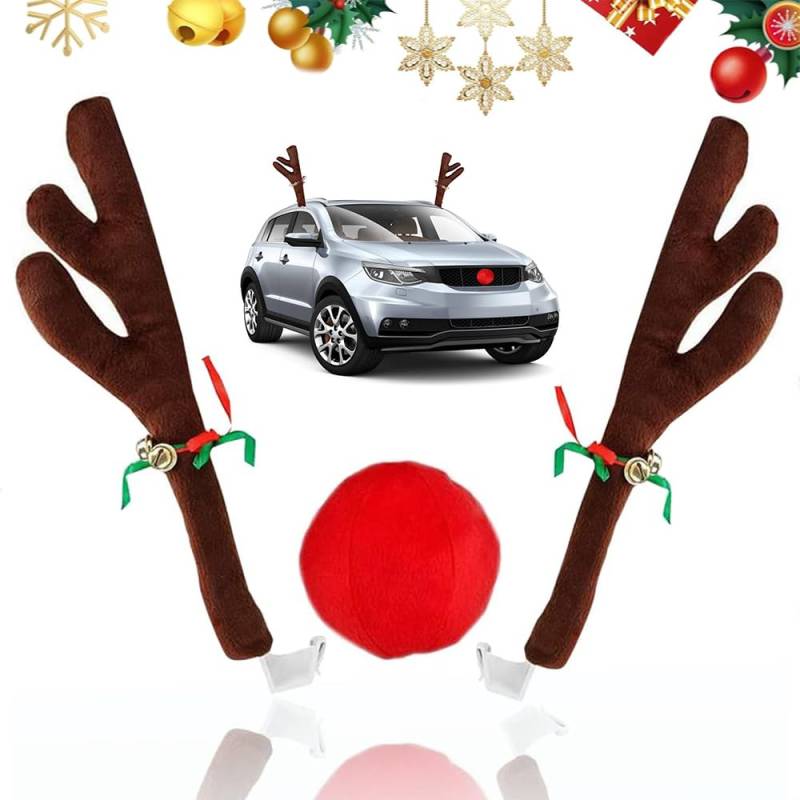FaJoek Weihnachten Auto Rentier Geweih und rote Nase Set, Universelle Passform für PKW, SUV, LKW, Van, Bus, Auto Deko Weihnachten, Klassisch, Plüsch + PP-Baumwolle, Dark Brown von FaJoek