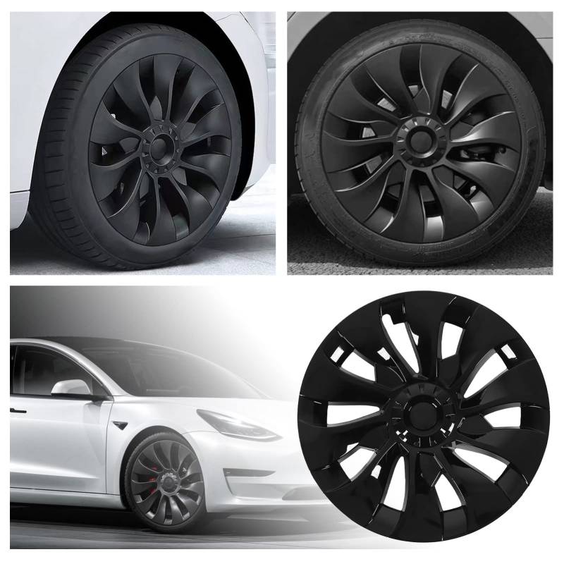 Passend für Tesla Model 3 Radabdeckung, 18 Zoll Radkappe für Tesla Model 3 2017-2023, Snap-Nabenkappe, 4er-Set Ersatz-Nabenkappen, Felgenabdeckung, Autozubehör für den Außenbereich (Glänzend schwarz) von Fabater
