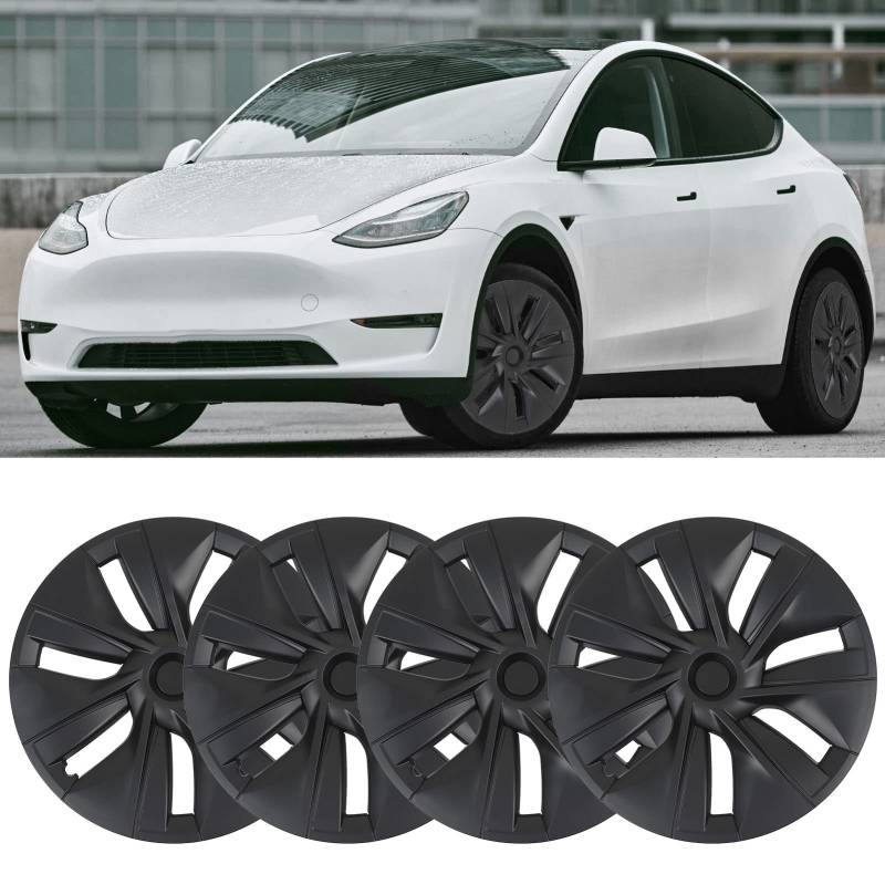 Passend für Tesla Model Y Radabdeckung, Radkappe, 19 Zoll Felgenschutz Ersatz Nabenkappen Set, Komplett Verpackt für Tesla Model Y 2020–2023, 4er-Set, Mattschwarz von Fabater